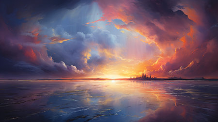 Fantasy landscape. Sunset over the sea. 3d render.の素材