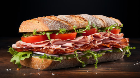 Sandwich with ham, tomato and arugula on wooden backgroundの素材