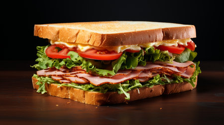 Sandwich with ham, cheese, tomato and lettuce on wooden backgroundの素材
