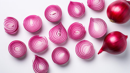 Red onion slices on white background. Top view. Flat lay.の素材