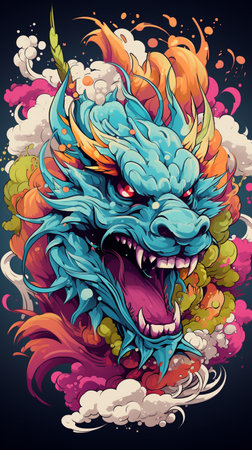 Vector illustration of a dragon head on colorful background. Design for t-shirt.の素材