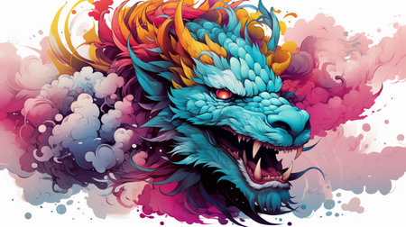 Fantasy dragon head with colorful smoke background. Vector illustration for your designの素材