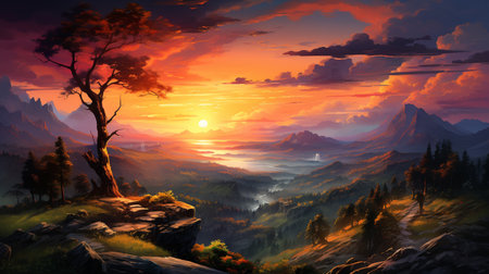 Fantasy landscape with lonely tree and mountains at sunset. Digital painting.の素材