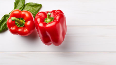 Fresh red bell pepper on white wooden background. Top view with copy spaceの素材