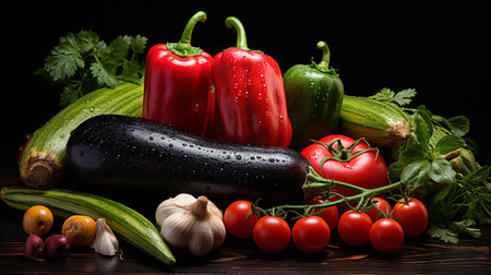 Fresh vegetables on a wooden table with water drops. Black background.の素材