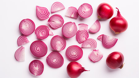 Red onion slices on white background. Top view. Flat lay.の素材