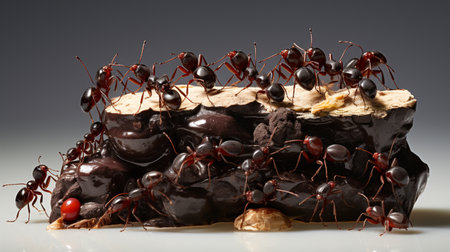 Ants on chocolate cake with nuts on a gray background, close-upの素材