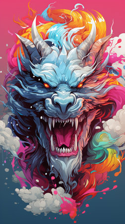 Vector illustration of a demon head with horns and colorful smoke on a pink background.の素材