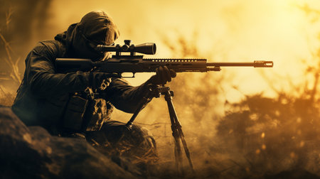 Silhouette of a military man with a sniper rifle in the forestの素材