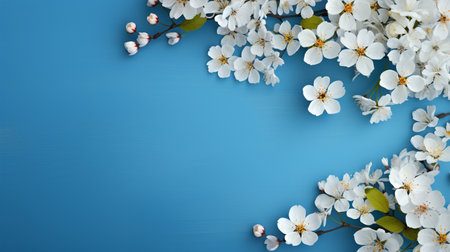 Beautiful blossoming branches on blue background, flat lay. Space for textの素材