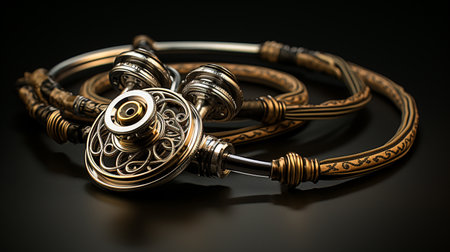 Buddhist prayer wheel on a black background, close-upの素材