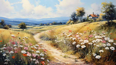 Digital painting of a rural landscape with a path through a field of flowersの素材