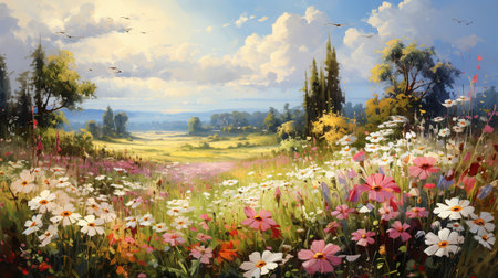 Beautiful summer landscape with meadow and flowers. Digital painting.の素材