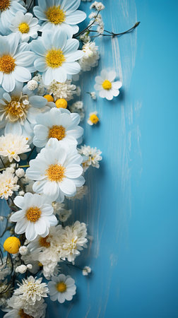 Beautiful chamomile flowers on blue background, top viewの素材
