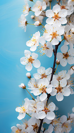 Beautiful cherry blossom branch on blue background. Spring flowers.の素材
