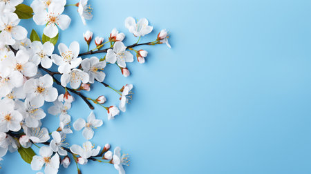 Beautiful blossoming branches on blue background, flat lay. Space for textの素材