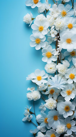 Bouquet of white daisies on a blue background.の素材