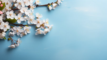 cherry blossom on blue wooden background with copy space for textの素材