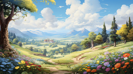 Beautiful spring landscape with blooming meadows and mountains. Digital painting.の素材