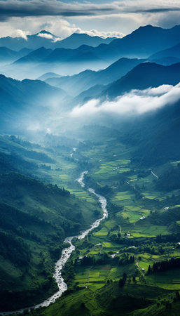 Beautiful landscape view of mountains and river in the countryside of Vietnamの素材