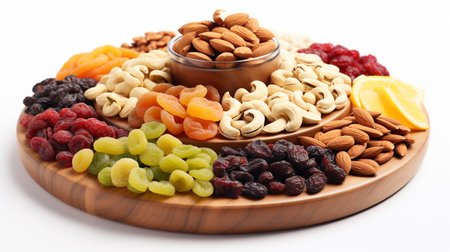 assortment of dried fruits and nuts on wooden plate isolated on white backgroundの素材