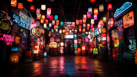 Colorful neon signs on the wall in the night city, Thailandの素材