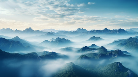 Mountain landscape with fog. Panoramic view of the mountains.の素材
