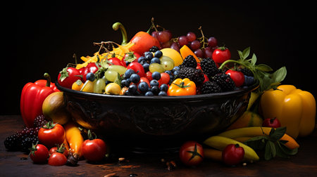 Fresh fruits and vegetables in a bowl on a wooden table. Dark background.の素材