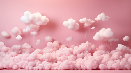 3D rendering of white fluffy clouds in pastel pink background.の素材