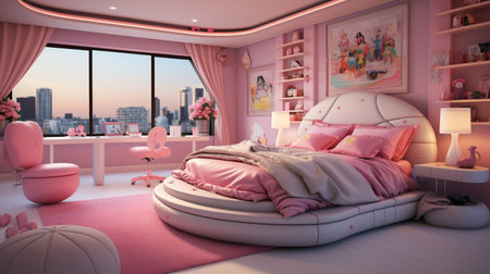 3D render of a childrens bedroom with pink furniture and a window overlooking the cityの素材
