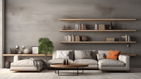 Interior of modern living room with brown sofa and bookshelf 3D renderingの素材