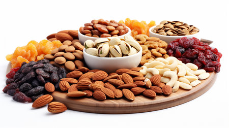Composition with assorted dried fruits and nuts on wooden board isolated on whiteの素材