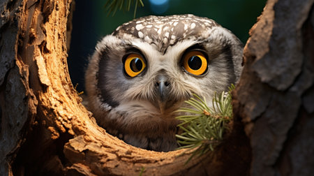Close up portrait of a little owl in the hollow of a treeの素材
