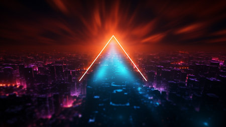 3d illustration of futuristic neon light in the dark with city backgroundの素材