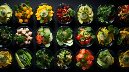 Fruit and vegetable salads in bowls on black background, top viewの素材