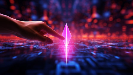 Hand touching abstract digital hologram with pink light on dark background 3D renderingの素材