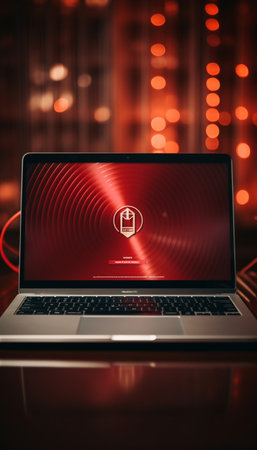 Laptop with closed padlock against red glowing lights on black backgroundの素材