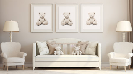 3d rendering of interior of living room with white sofa, armchair and three posters.の素材