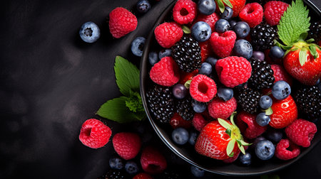 Mix of fresh berries in a bowl on black background. Top view.の素材