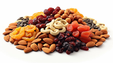 Mix of dried fruits and nuts on a white background. Isolatedの素材