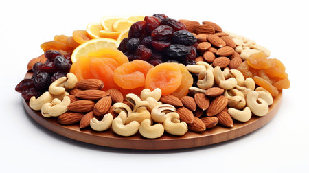 Mix of dried fruits and nuts on wooden plate isolated on white backgroundの素材