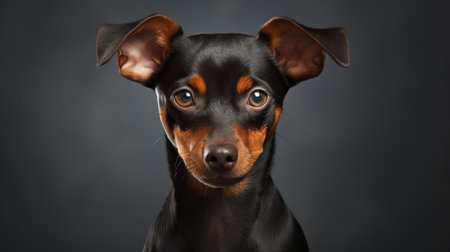 Portrait of a miniature pinscher dog on a dark background.の素材