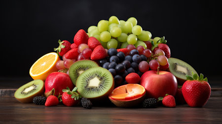Fresh fruits on a wooden table. Healthy food concept. Fruits background.の素材