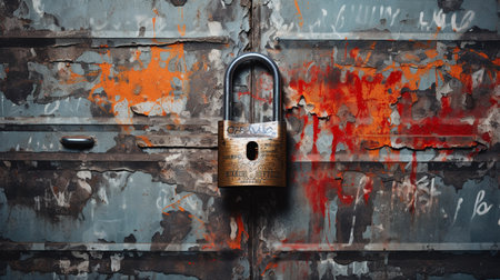 Old rusty padlock on rusty metal door. Conceptual image.の素材