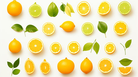 Creative layout made of lemons and oranges on white background. Flat lay, top view.の素材