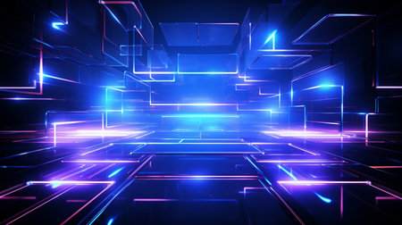 3D abstract background. Futuristic room with glowing neon lights.の素材