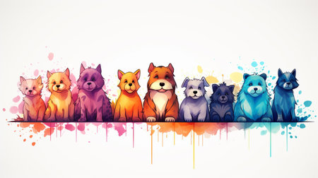 Vector illustration of group of dogs with watercolor splashes on white backgroundの素材