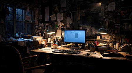 Interior of a night office with a lot of work on itの素材