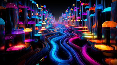Futuristic corridor with glowing neon lights. 3D rendering.の素材