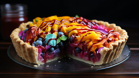 Fresh fruit tart with blueberries, peaches and mango on black backgroundの素材